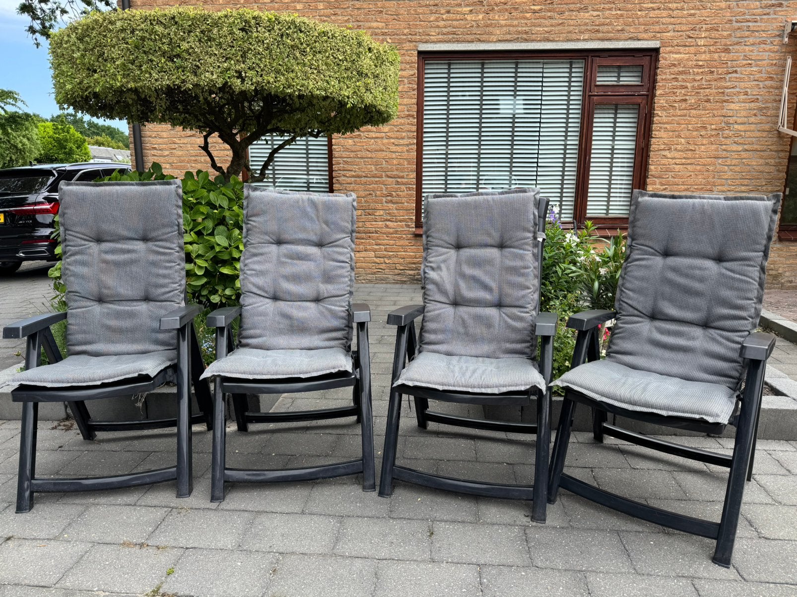 Inklabare Tuinstoelen merk jardin met stoelkussens, Tuin en Terras, Tuinstoelen, Ophalen, Zo goed als nieuw, Kunststof, Verstelbaar