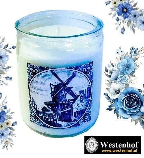 Kaars in glas wit met molen delfts blauw - Incl. cadeauzakje, Verzenden, Nieuw, Wit, Overige materialen