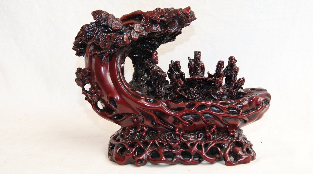 Chinees houtsnijwerk met figuren, Dracon boot / Foo hond, Hout, Ophalen of Verzenden, Handgemaakt, China