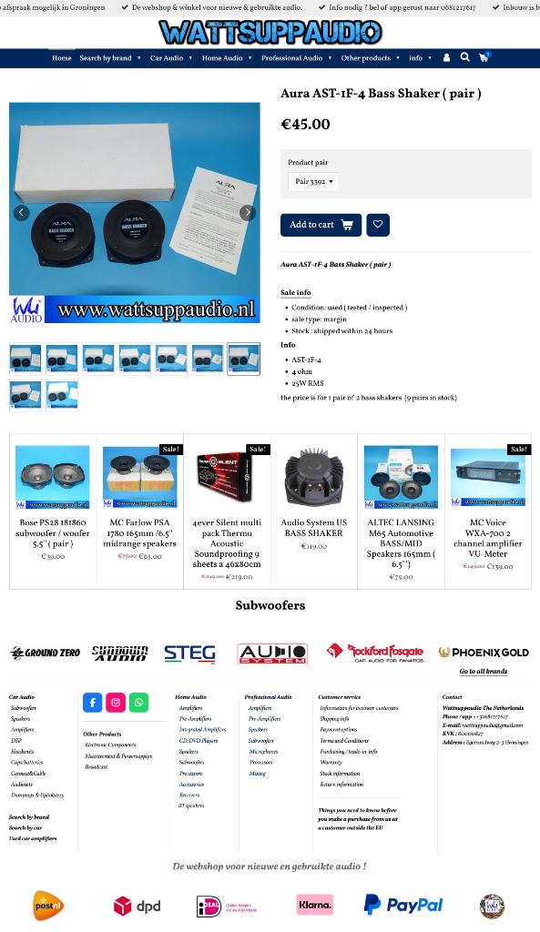 Aura AST-1F-4 Bass Shaker ( set van 2 ) 45 euro per set !, Overige merken, Gebruikt, Subwoofer, .