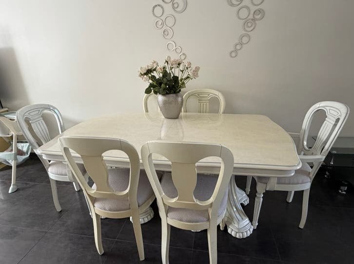 Eettafel met 6 stoelen & Wand kast met spiegel, Huis en Inrichting, Tafels | Eettafels, Ophalen, 200 cm of meer, 50 tot 100 cm