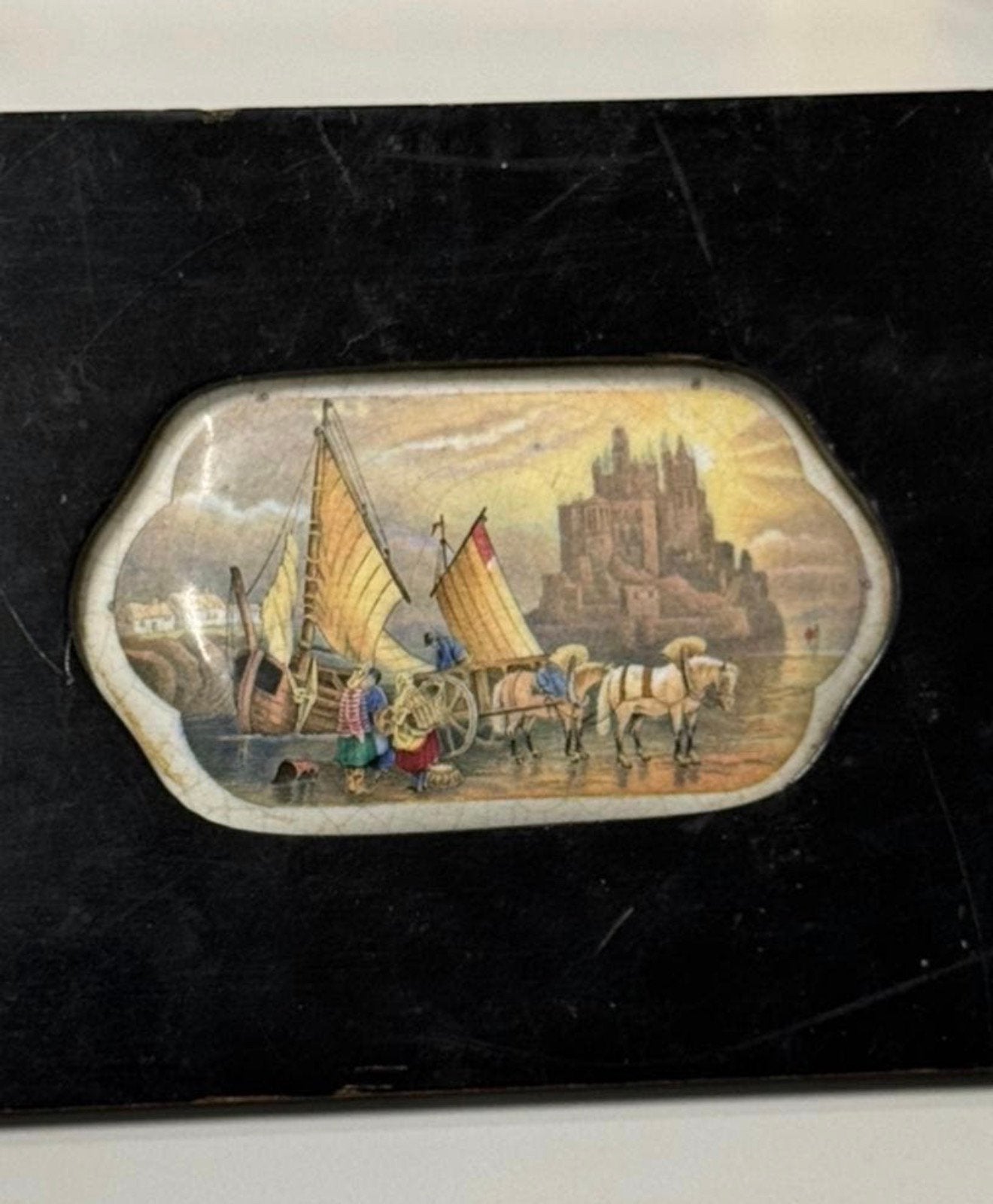 Antiek porselein kunst-art bordje in lijst - schip kasteel, Antiek en Kunst, Ophalen of Verzenden
