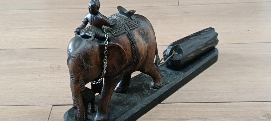 Houten beeld olifant met mahout en boomstam, Ophalen, Minder dan 20 cm, Beeld, Hout