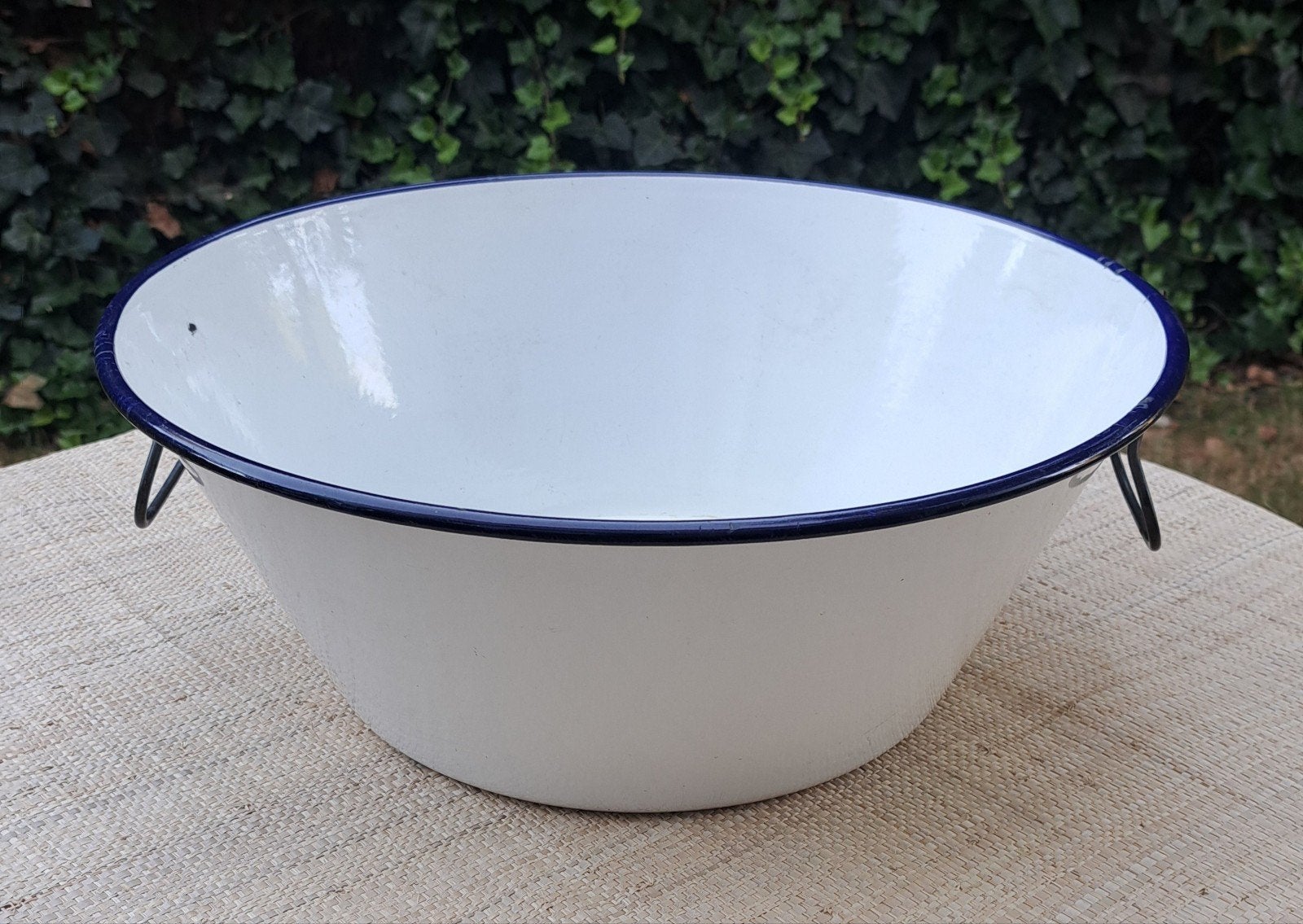 Antieke wit emaille teil blauwe rand drank koeler handvatten, Ophalen of Verzenden