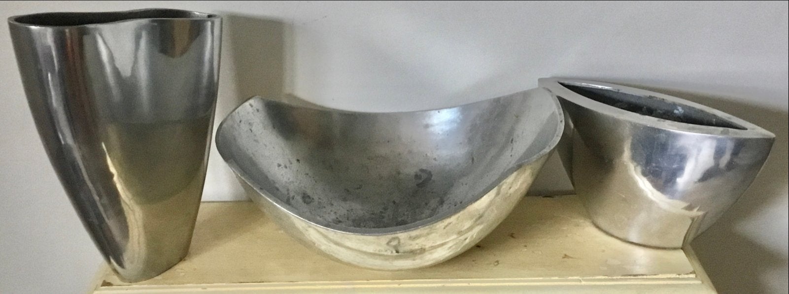 SET VAN 3 DESIGN METALEN ZILVERKLEURIGE BLOEMPOTTEN, Steen, Gebruikt, Minder dan 30 cm, Minder dan 60 cm