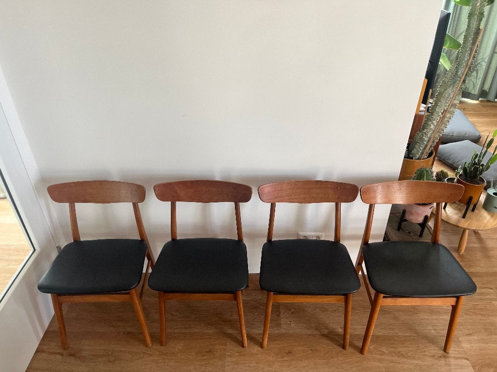 Vintage Deense eetkamerstoelen | set van 4, Ophalen, Gebruikt, Bruin, Klassiek