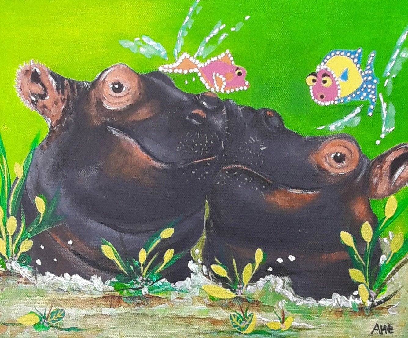 Schilderij Nijlpaarden in kleurrijk acryl op canvas, Ophalen of Verzenden