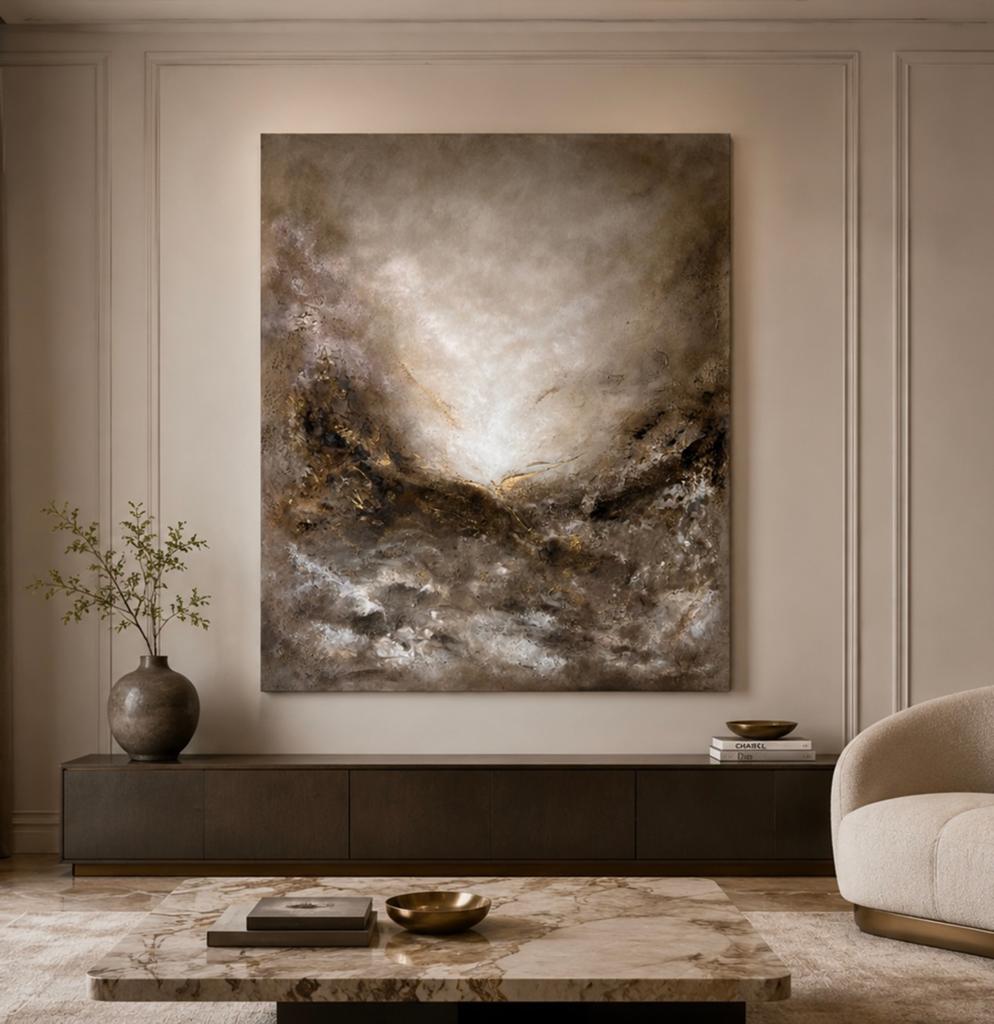 Handgemaakt groot Acryl Abstract Schilderij goud bruin, Ophalen