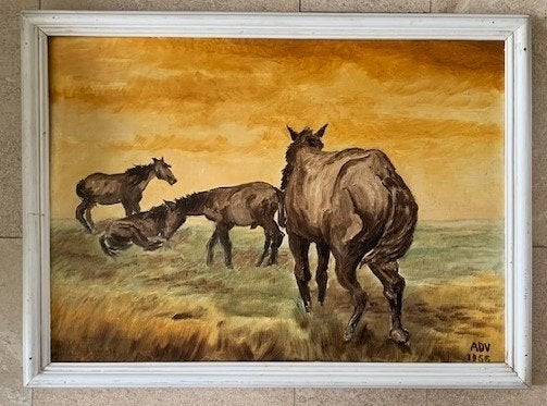 Paarden op de prairie 1966 - initialen A.D.V., Antiek en Kunst, Ophalen of Verzenden