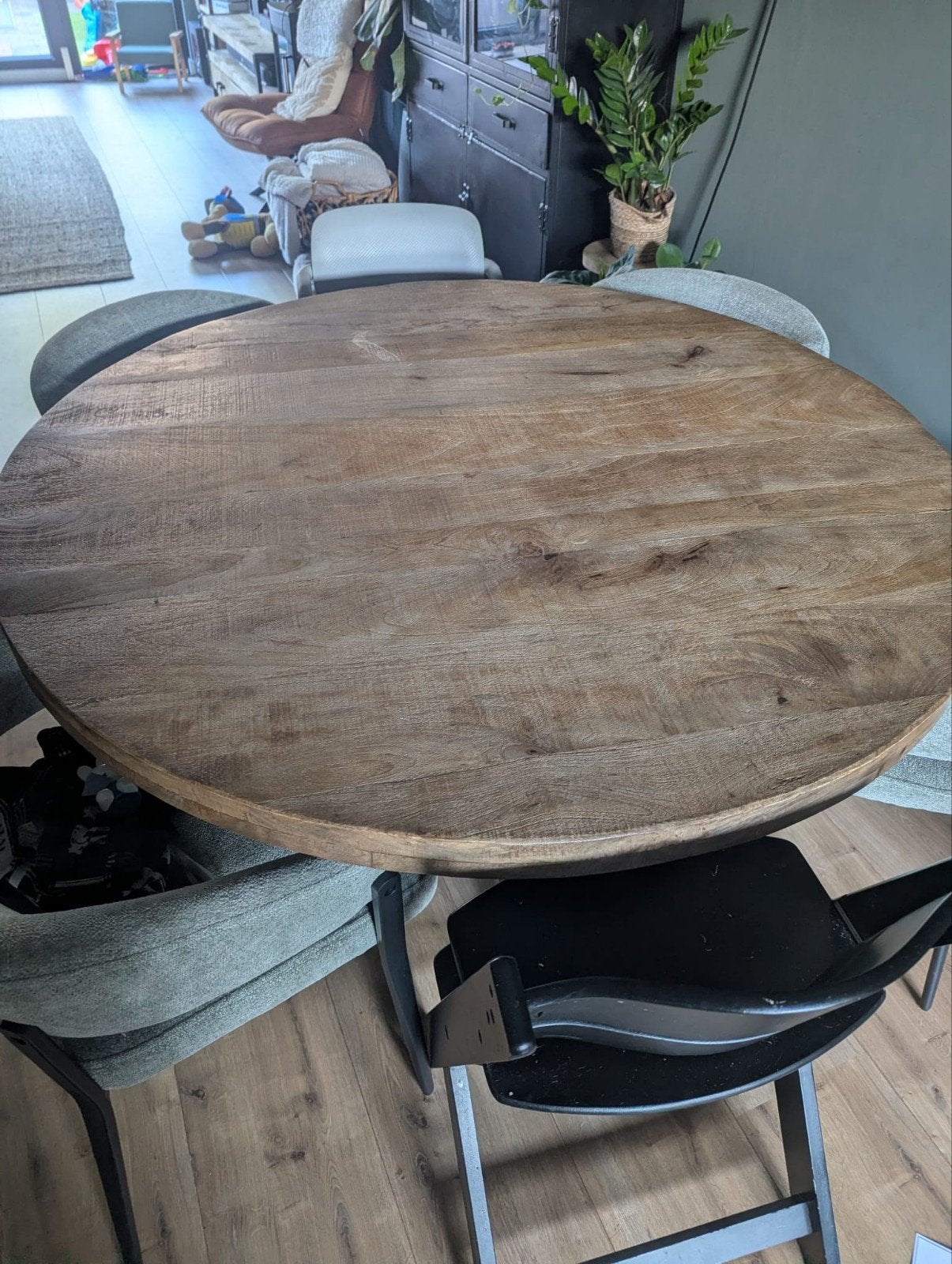 Ronde Mango Houten Eettafel met Zwart Metalen Onderstel, Overige houtsoorten, Gebruikt, Rond, Ophalen of Verzenden