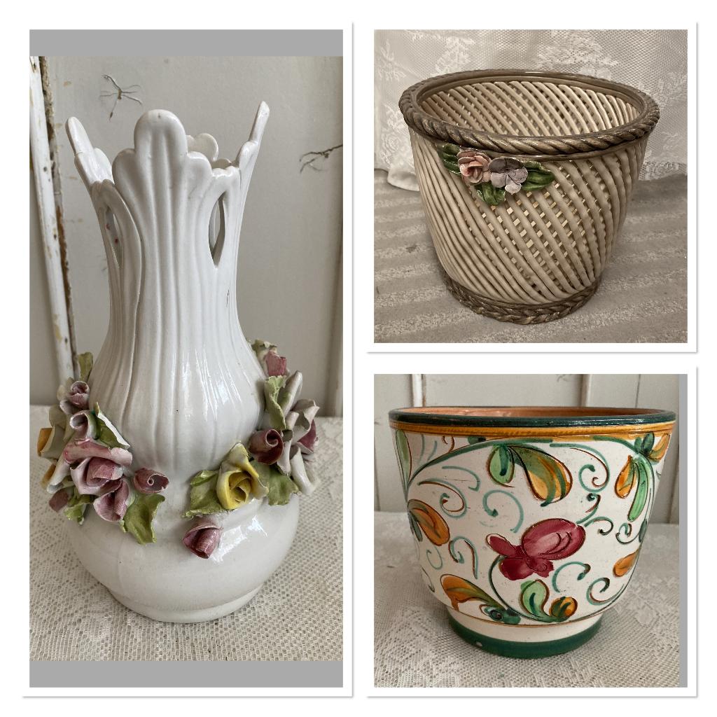 Brocante witte vaas & 2x bloempot - overpot, Overige materialen, Ophalen of Verzenden, Balkon, ---