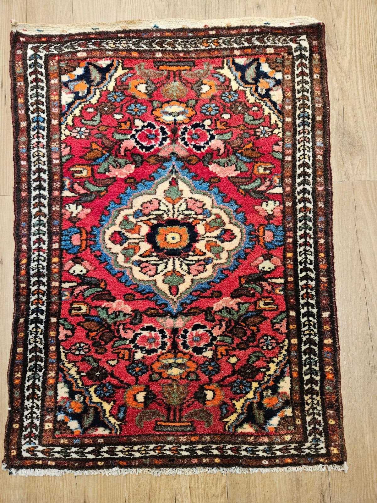Vintage handgeknoopt perzisch tapijt hamadan 91x65, Info@SlatsAntiek.nl, Tweedehands, 50 tot 100 cm, Perzisch