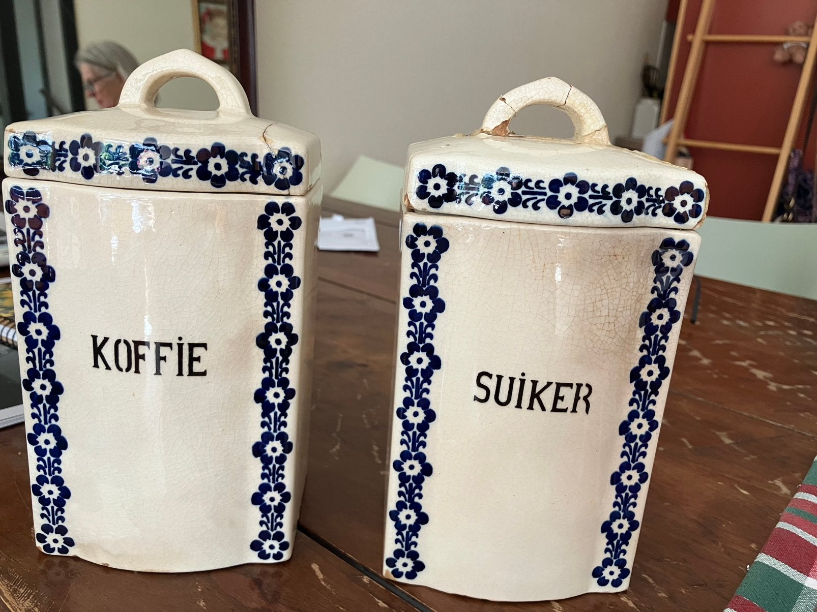 2 antieke plateel keuken potten koffie en suiker, Antiek en Kunst, Antiek | Keramiek en Aardewerk, Ophalen