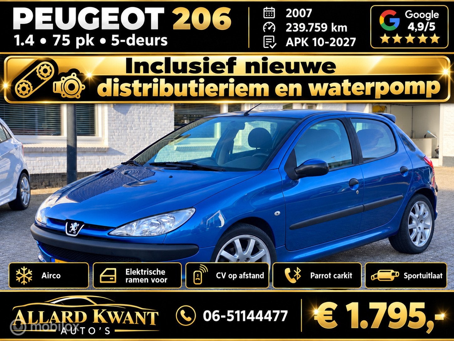 Peugeot 206 1.4 (75pk) / Apk 10-2027 / 5 drs / Airco, Auto's, 31 €/maand, 4 cilinders, Blauw, Origineel Nederlands