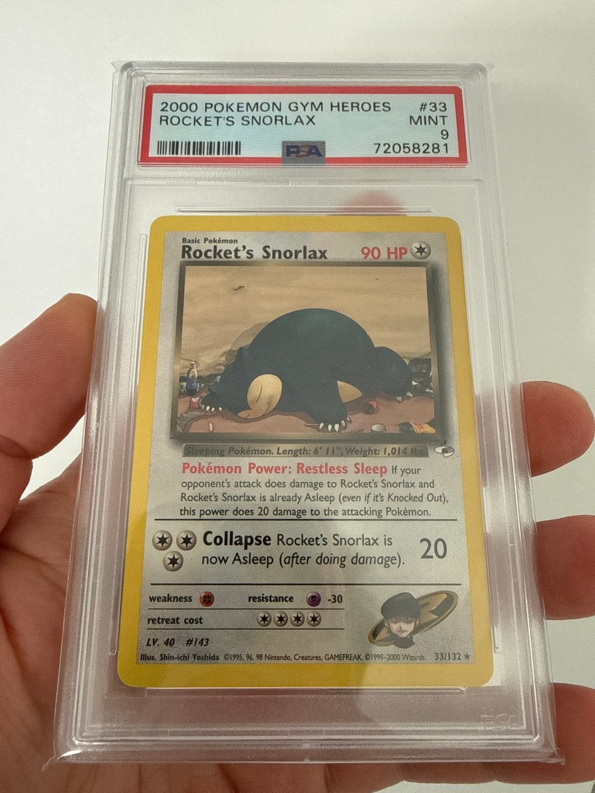 Rocket's Snorlax PSA 9 Gym Heroes Pokémon Kaart, Ophalen of Verzenden, Zo goed als nieuw, Losse kaart