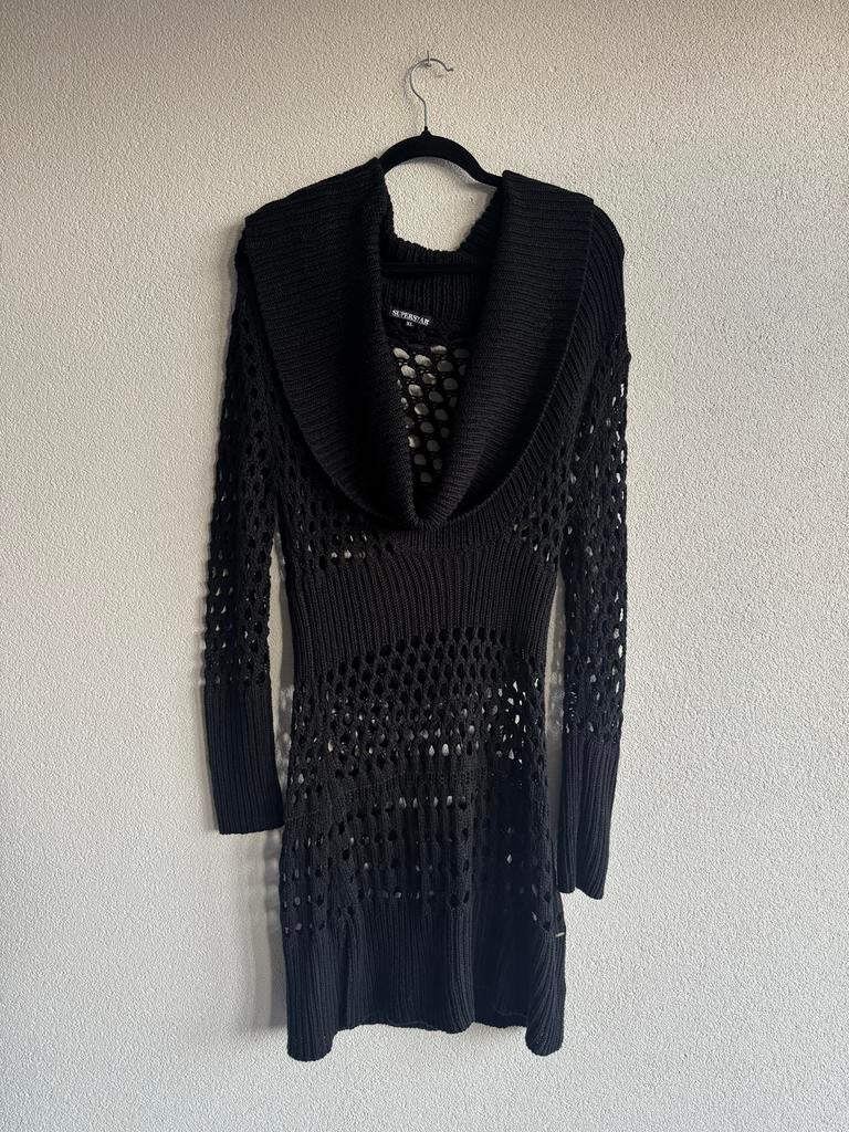 Vintage Y2K zwart gehaakt gebreide jurk met lage hals, Kleding | Dames, Jurken, Vintage, Maat 42/44 (L), Vintage, Ophalen of Verzenden