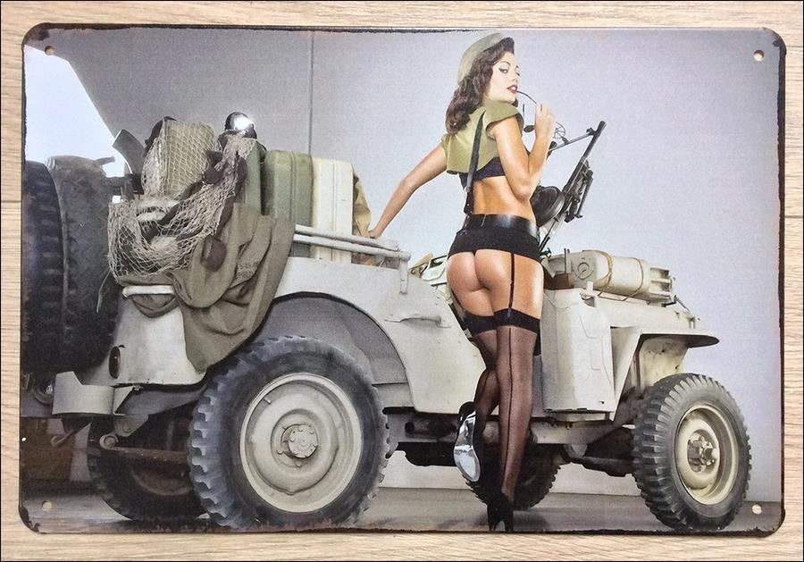 TIP! WW2 USA Sexy Pin Up Girl Jeep Metalen Leger Bord, Verzenden, Landmacht, Amerika, Foto of Poster