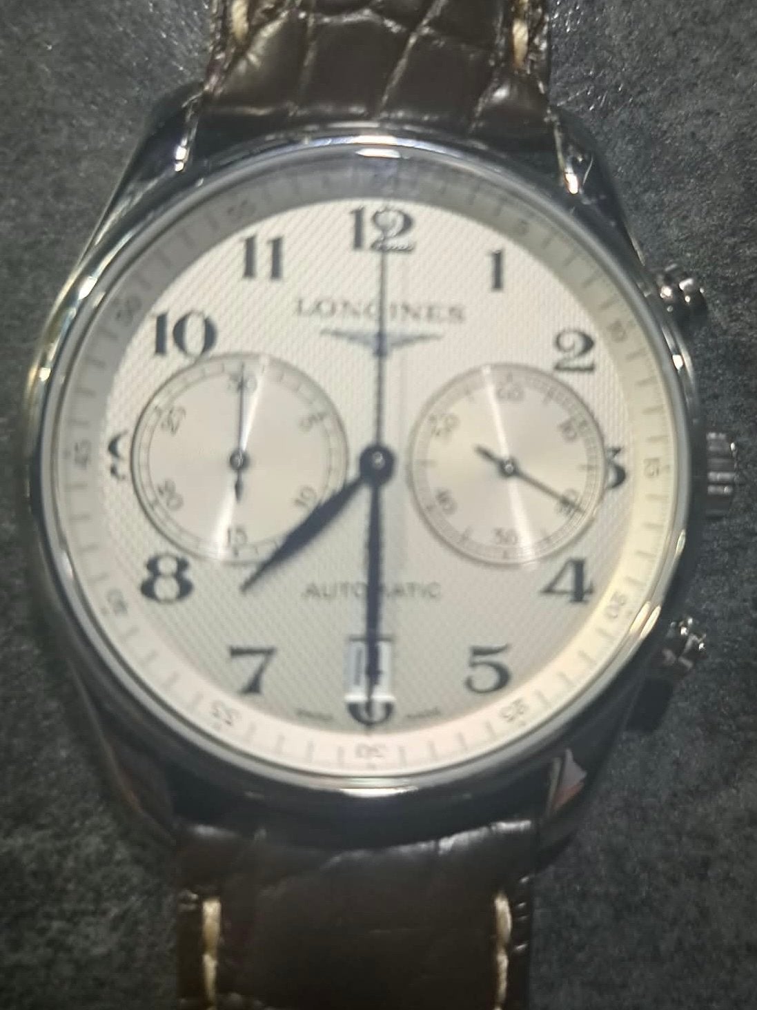Longines Master Collection Chronograaf Automaat Krasvrij, Leer, Staal, Polshorloge, Zo goed als nieuw