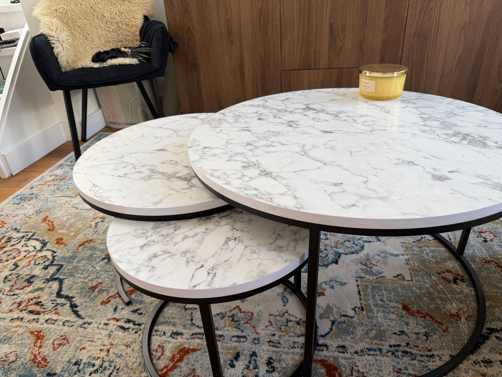 Set van 3 Bijzettafels met Marmerlook Blad, Ophalen, Rond, Zo goed als nieuw, 75 cm of meer