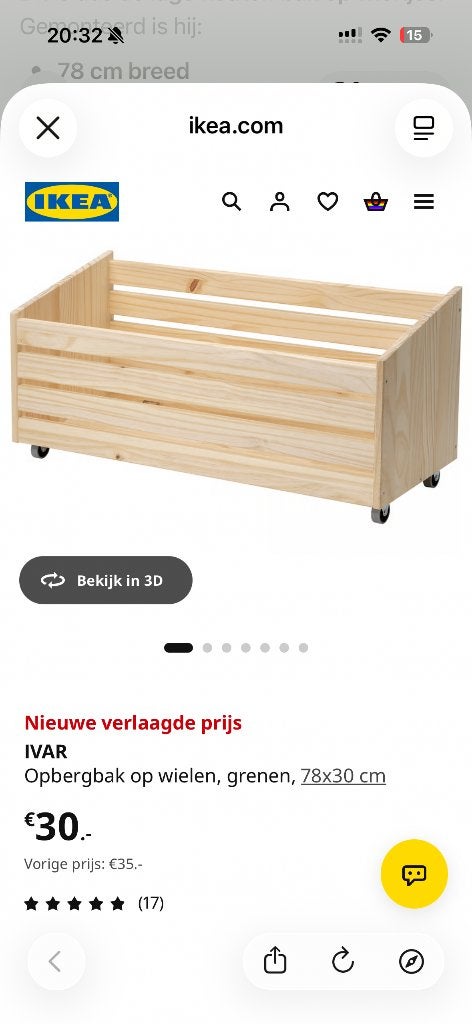 IKEA IVAR Opbergbak op wielen, grenen, 78x30 cm - Nieuw, Ophalen, Nieuw