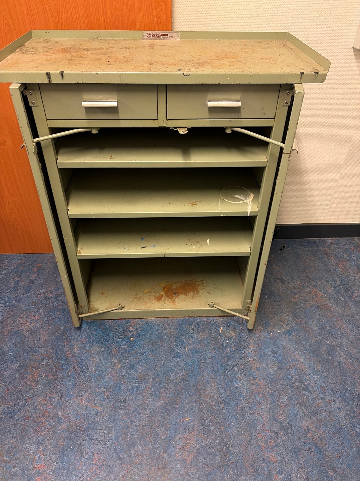 Vintage metalen werkplaatskast met lades en planken, Ophalen, Gebruikt