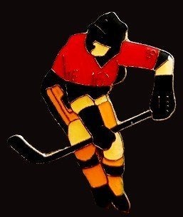 IJshockey speler pin- rood-geel, Verzenden, Nieuw, Transport, Speldje of Pin