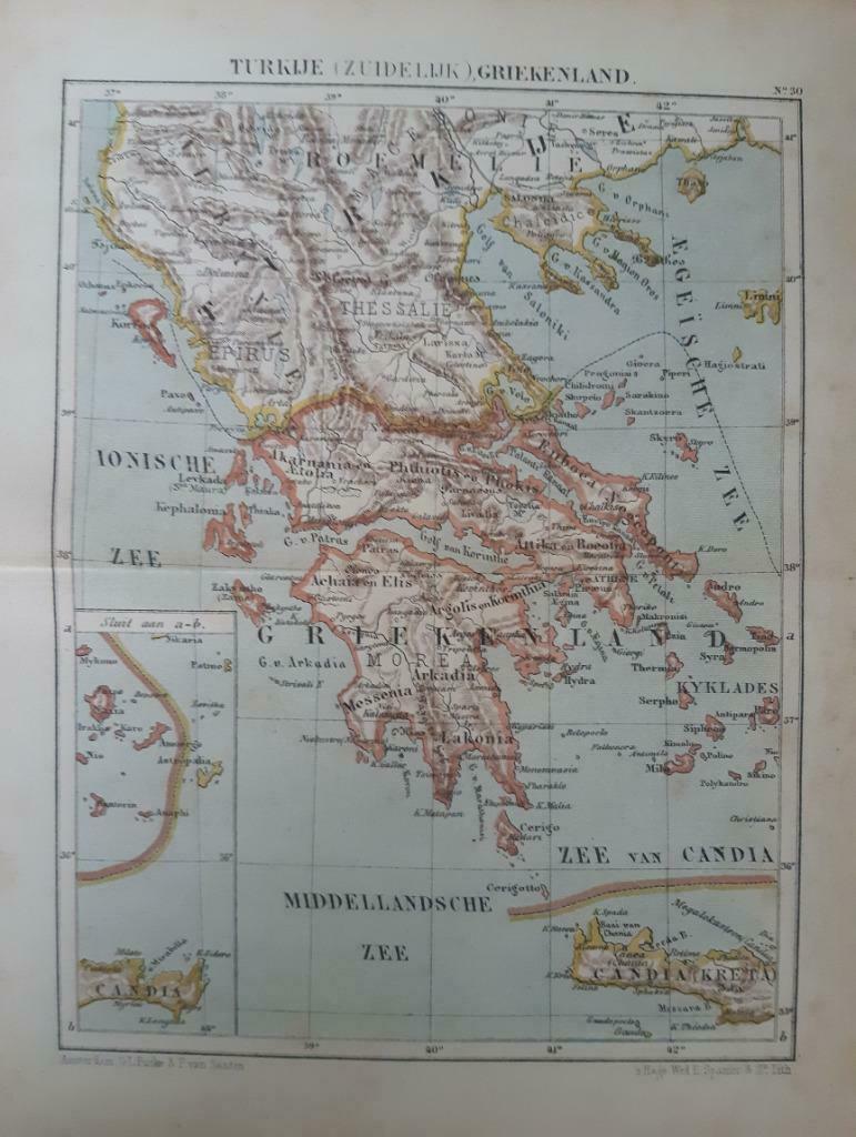 30 / Litho van J. Kuyper uit 1880: Zuid Turkije, Griekenland, Ophalen of Verzenden