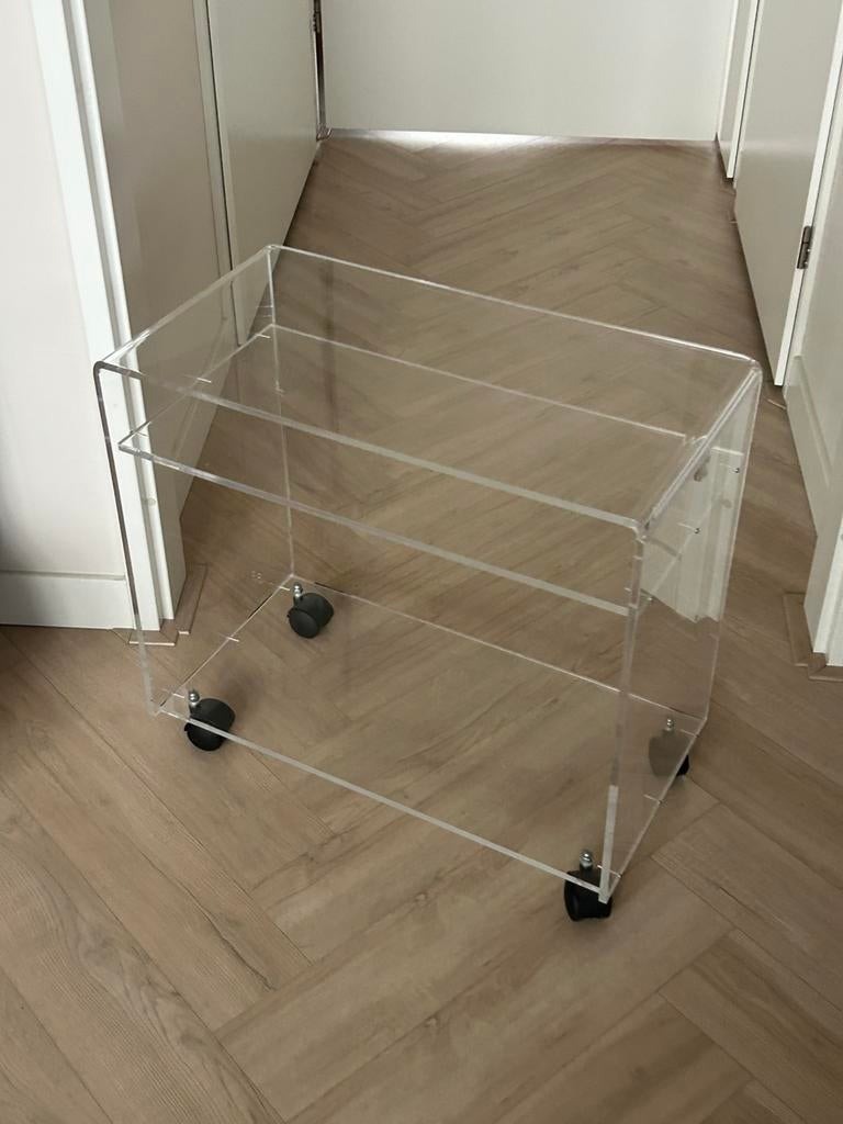 Vintage plexiglas bijzettafel - trolley - serveerwagen, Ophalen, Kunststof, Gebruikt, 50 tot 100 cm