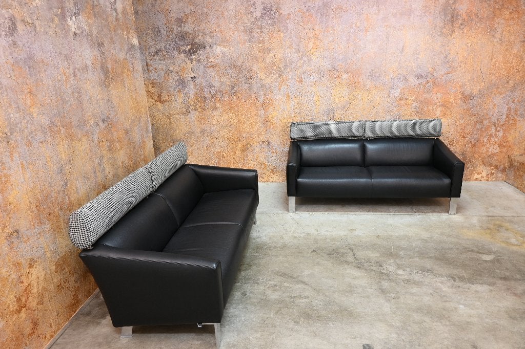 ZGANieuw zwarte leren Leolux Patachou design banken 2 stuks, Leolux, Leolux, 150 tot 200 cm, Driepersoons