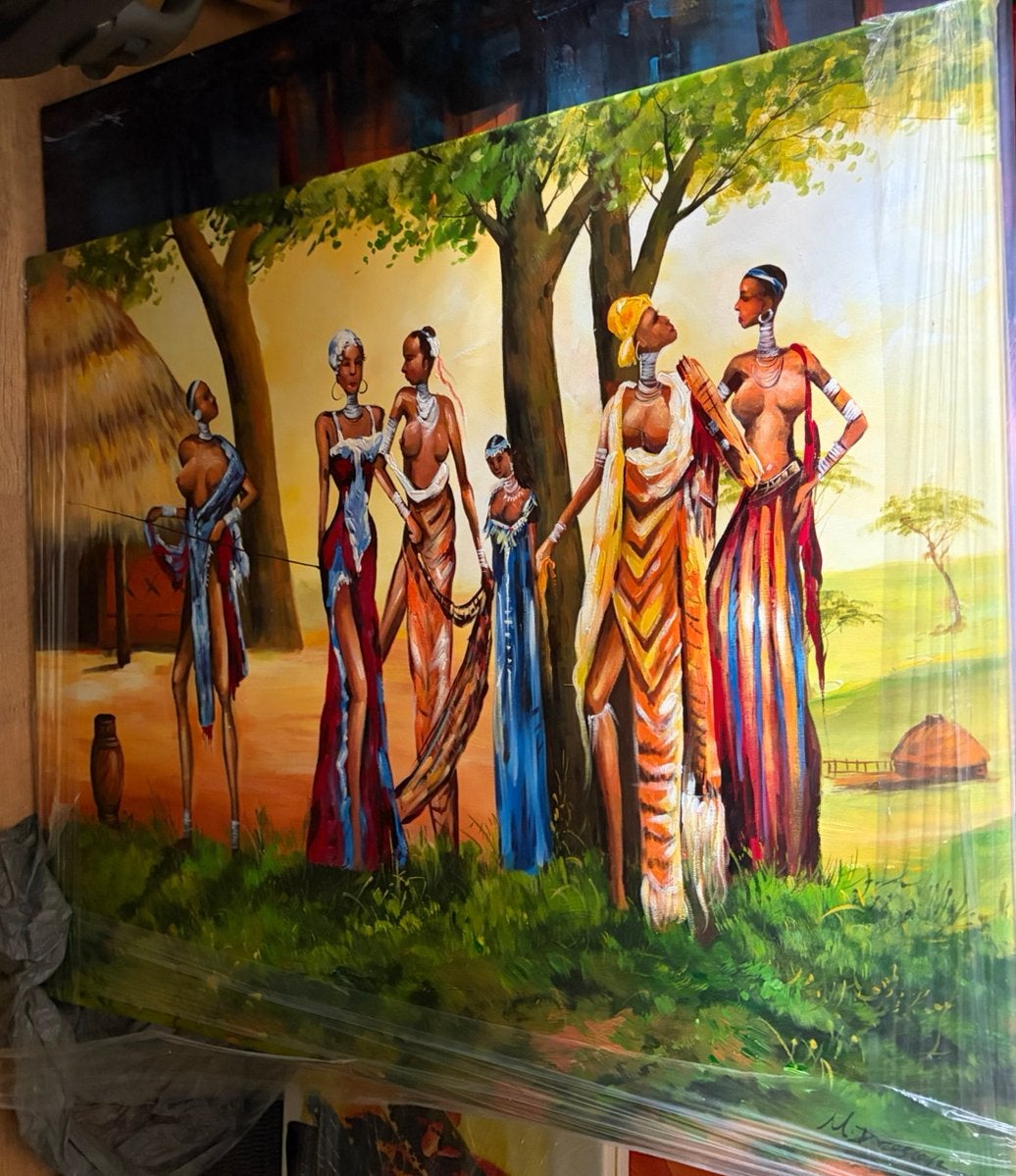 Masai van M. Dragan Handgeschilderd en gesigneerd, Antiek en Kunst, Ophalen, Handgeschilderd, Figuren