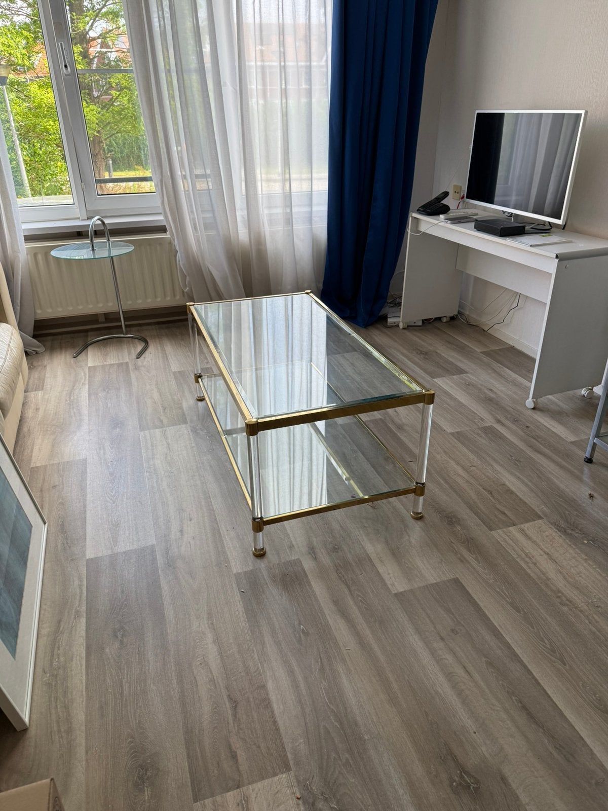 Goudkleurige glazen salontafel (afhalen in Gouda), Ophalen, 100 tot 150 cm, 50 tot 100 cm, Zo goed als nieuw