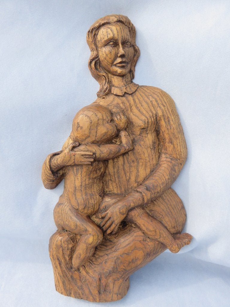 Volkskunst - vrouw met kind aan de borst in hout – 20e eeuw, Ophalen of Verzenden