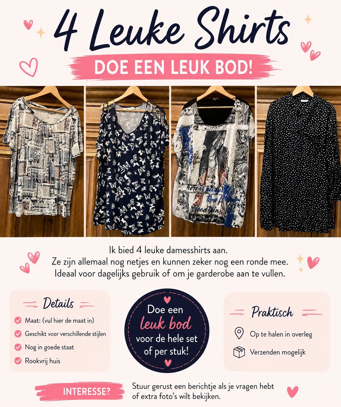 4 leuke damesshirts – Doe een leuk bod!, Vacatures, 33 - 40 uur, Overige niveaus, Starter, Overige vormen