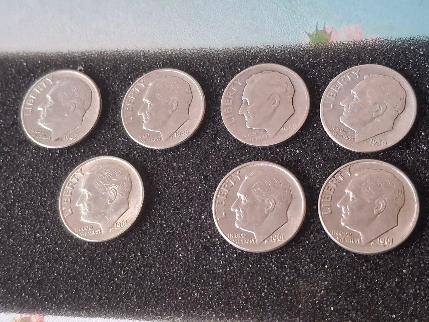 7 Fraaie 90% zilveren Roosevelt dimes uit 1946,'48,'50,'61, Verzenden, Noord-Amerika, Setje, Zilver