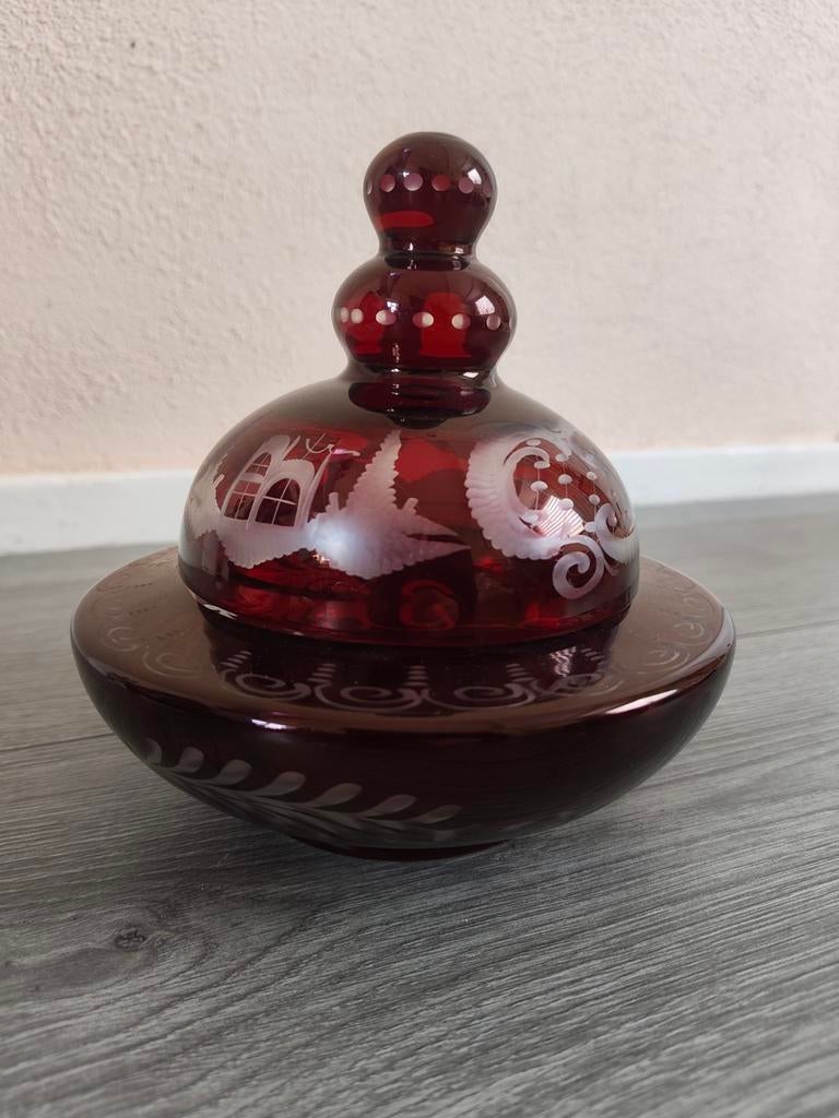 Vintage Boheems robijnglas potje met deksel / bonbonnière, Antiek en Kunst, Antiek | Glas en Kristal, Ophalen of Verzenden