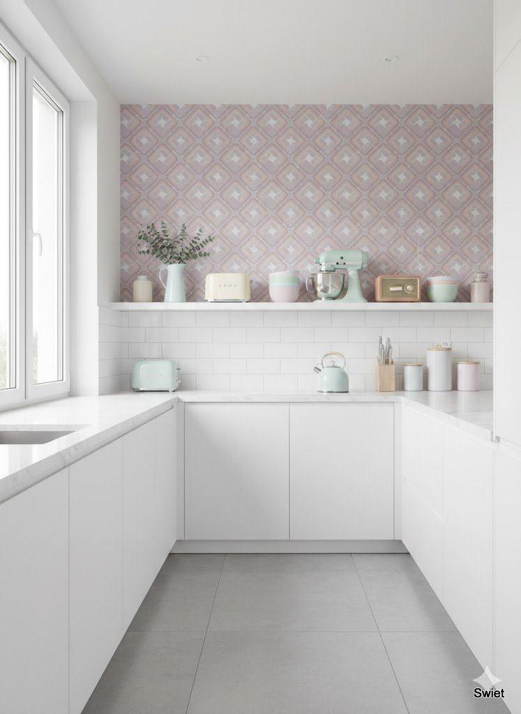 6584 Origineel vintage grafisch roze behang swiet, Ophalen of Verzenden, Minder dan 10 m², Wit