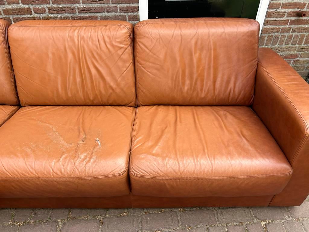 Leren hoekbank met chaise longue en losse hocker, Ophalen, Gebruikt, Leer