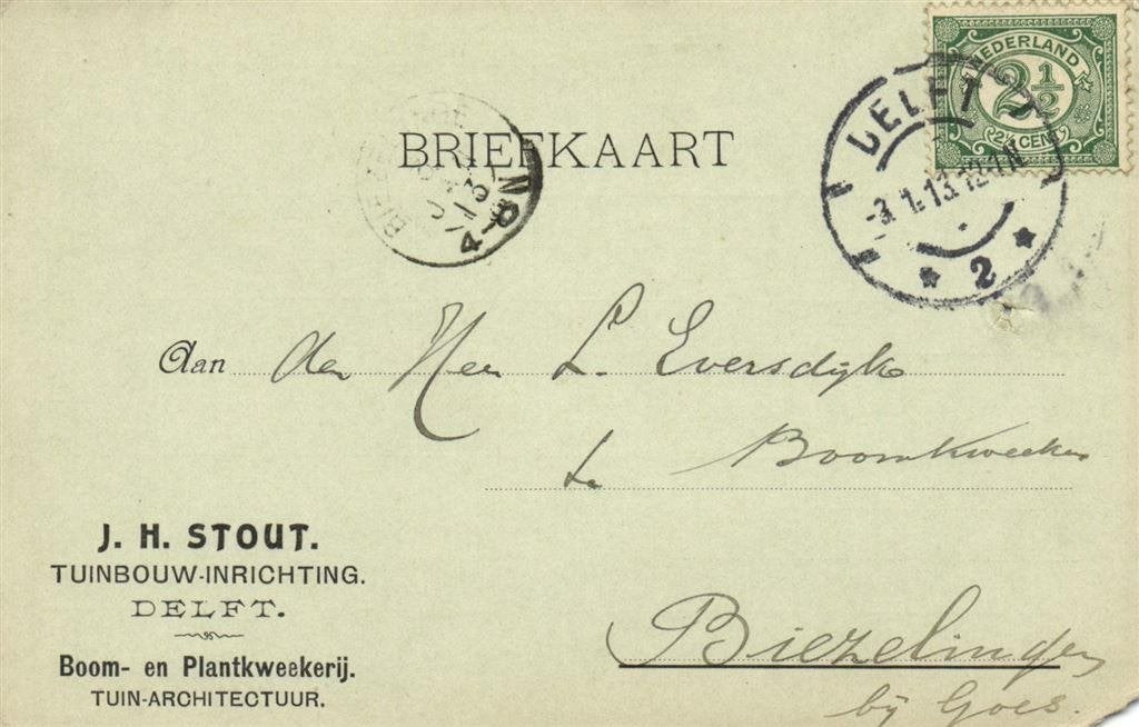J.H. Stout, Tuinbouw-Inrichting, Delft - 01.1013 - briefkaar, Ophalen of Verzenden, Briefkaart