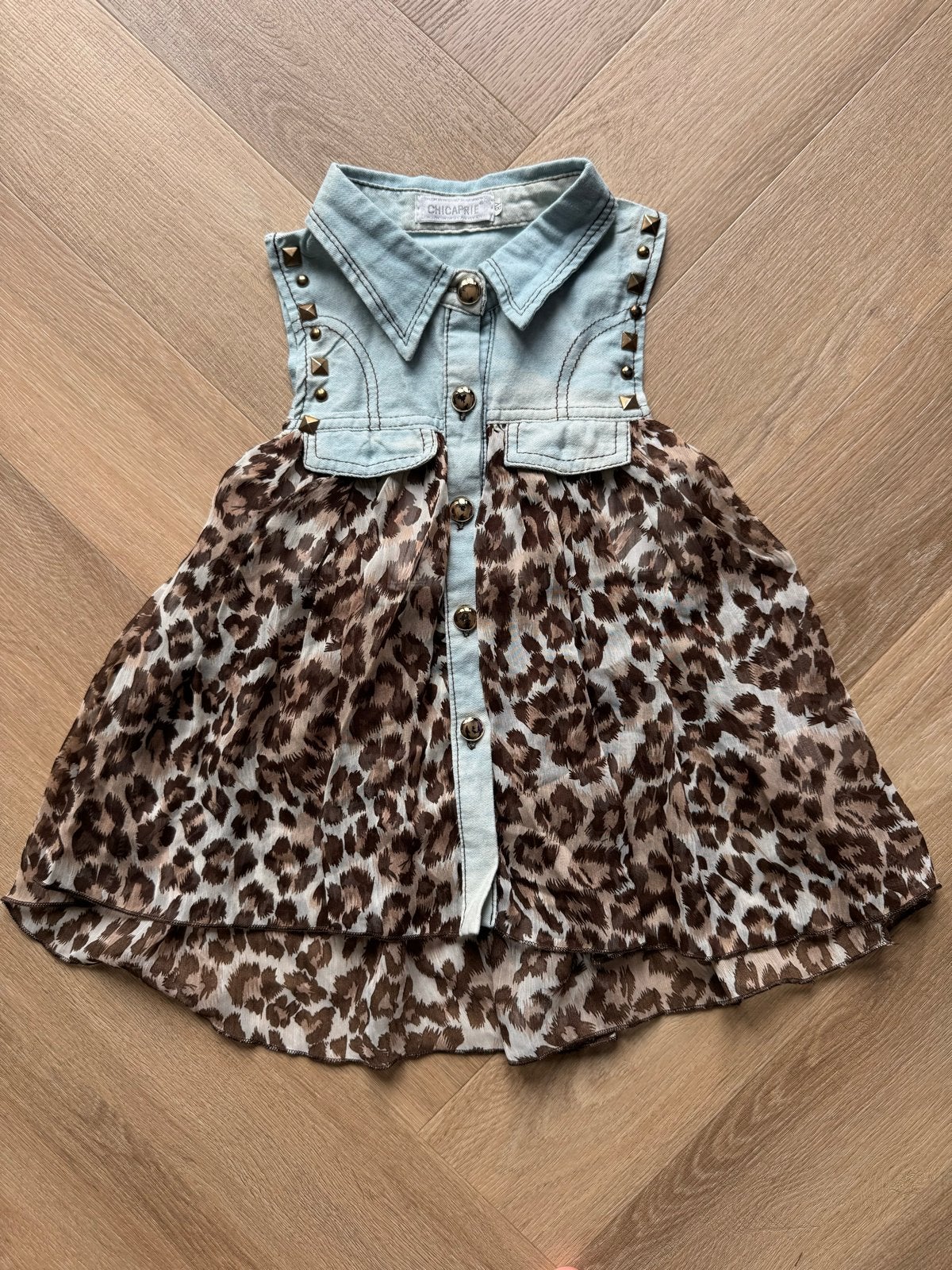 Chicaprie Leopardprint denim topje 8 jaar / 122-128, Ophalen of Verzenden, Zo goed als nieuw, Meisje, Overhemd of Blouse