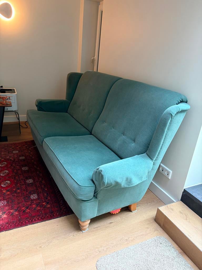 Comfortabele 3-zitsbank in groene stof, Ophalen, Gebruikt, 150 tot 200 cm, Tweepersoons