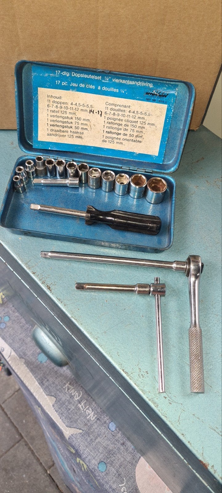 17-delige Dopsleutelset 1/4" met Ratel en Doppen, Ophalen of Verzenden, Gebruikt, Sleutel/ratel, Overige merken