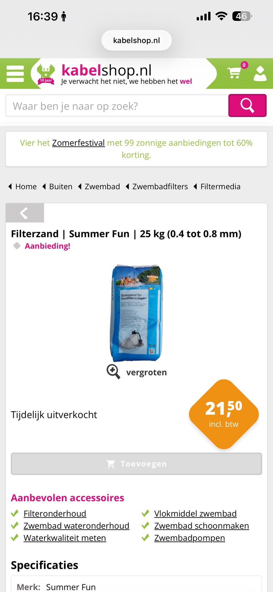 Filterzand Summer Fun 25 kg (0.4-0.8 mm) voor zwembad, Ophalen, Nieuw, Filter