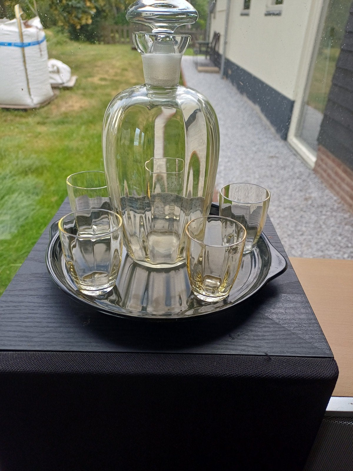 Antiek likeur setje met karaf, 5 glaasjes en zwart blad, Ophalen of Verzenden