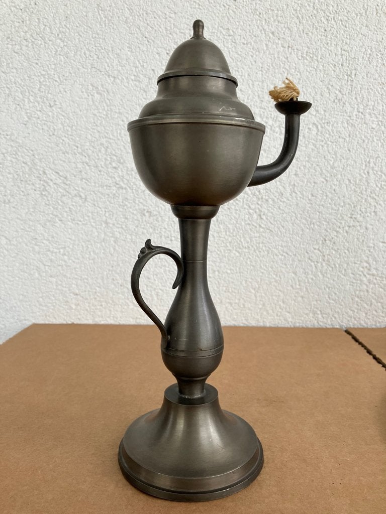 Tinnen olielamp met borden en kannetje, Verzenden