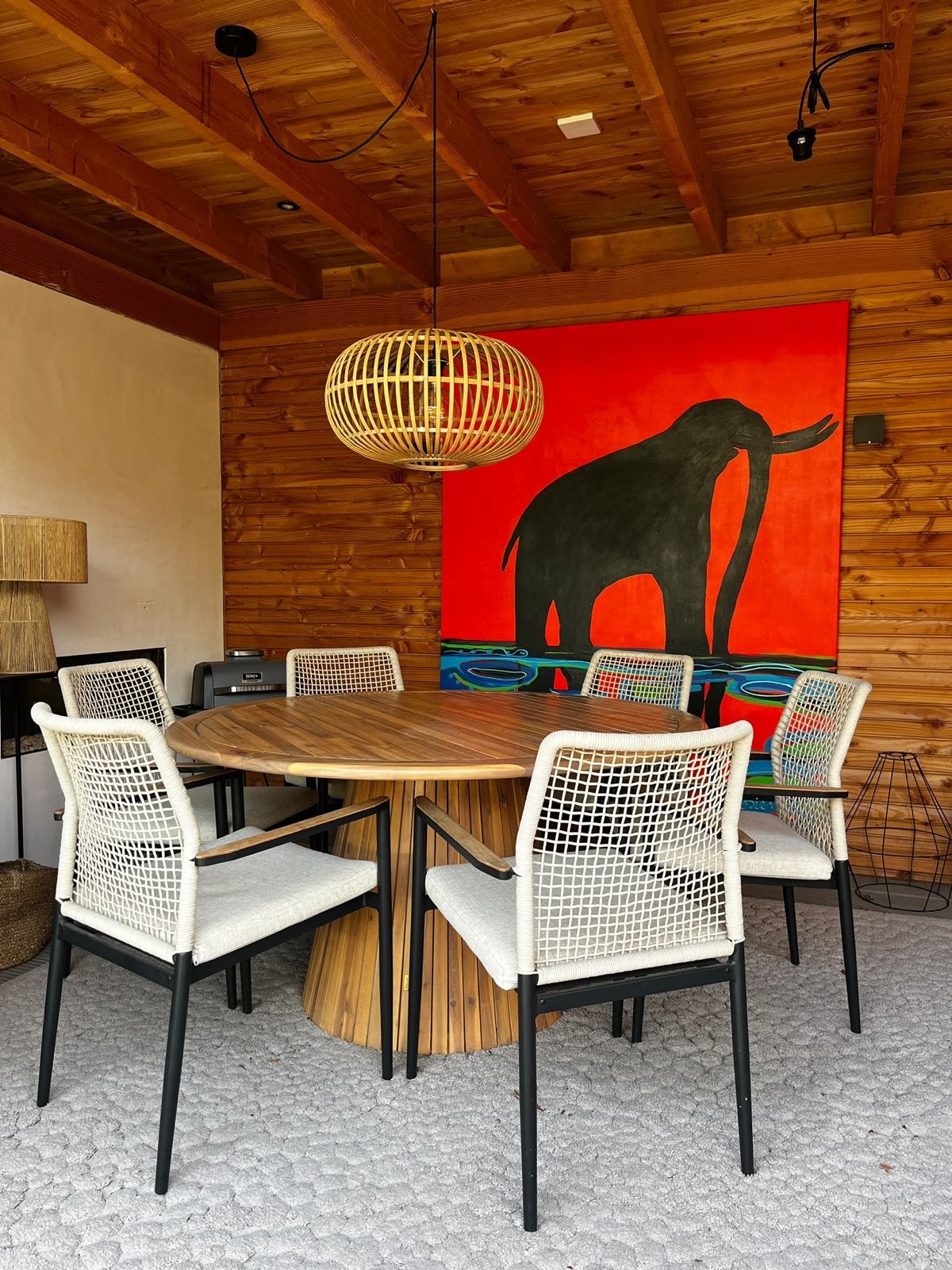 Ronde eettafel met 6 stoelen - Teakhout en Wicker