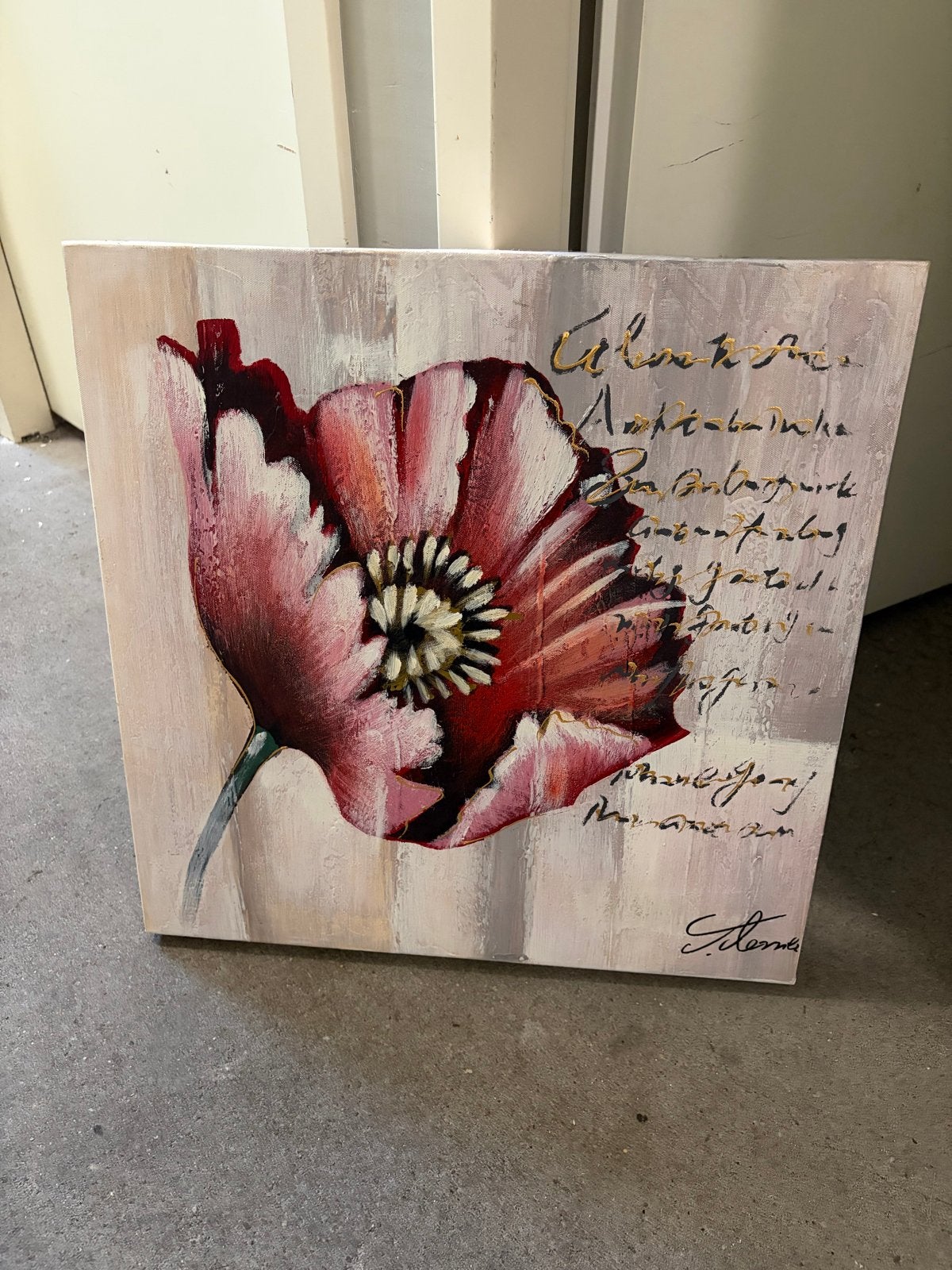 Schilderij met rode bloem en gouden tekst, Overige stijlen, Doek, Handgeschilderd, Olieverf