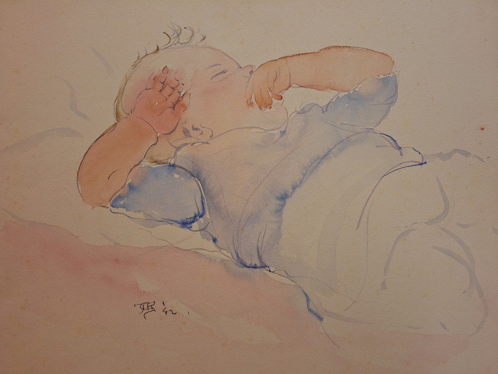 Aquarel 'Slapend kind' door Jan Sluijters jr. (1942), Portret of Personen, Ophalen of Verzenden, Aquarel, Papier