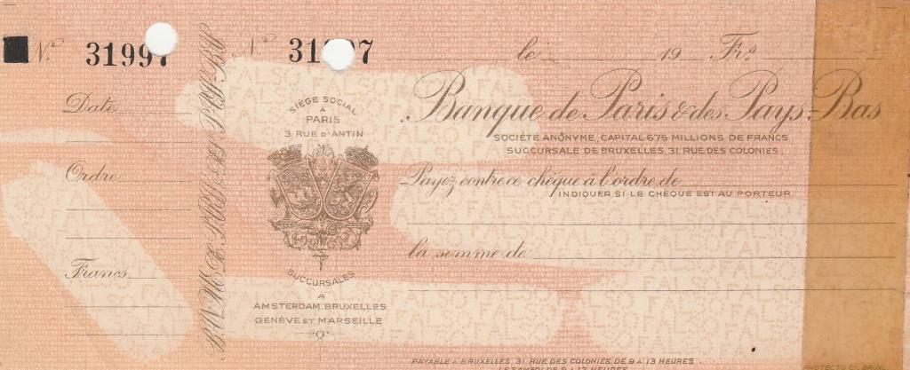 CHEQUE BANQUE DE  PARIS & DES PAYS BAS 1900-1999, Verzamelen, Overige Verzamelen, Gebruikt, Ophalen of Verzenden