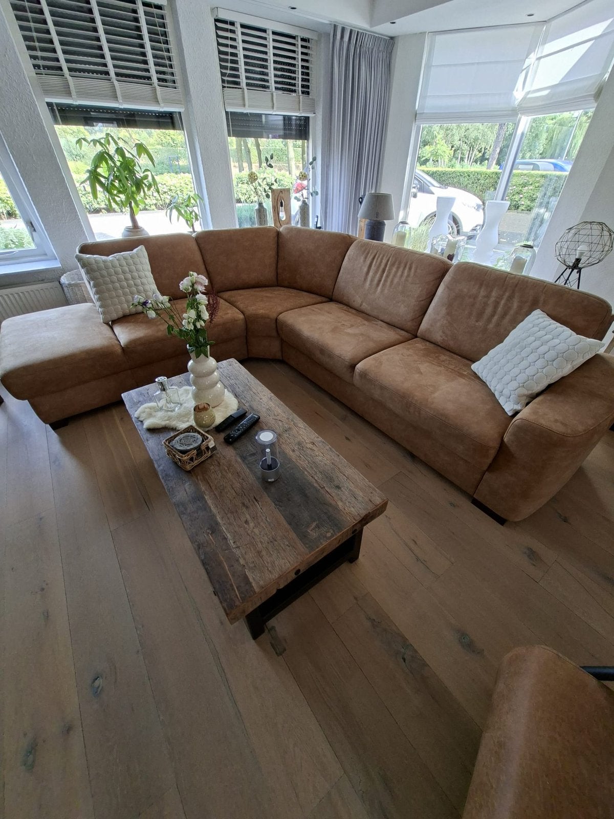 Hoekbank + fauteuil | Cognackleur | Zeer nette staat, Huis en Inrichting, Ophalen, Zo goed als nieuw