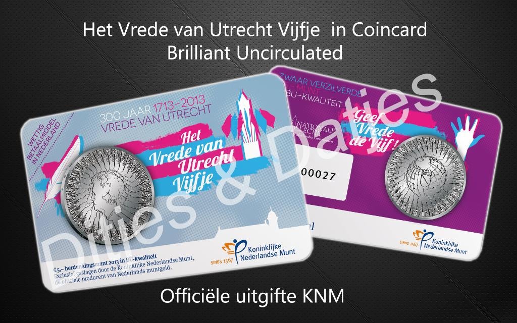Vrede van Utrecht Vijfje BU in coincard genummerde uitgifte, Ophalen of Verzenden, Koningin Beatrix, Euro's